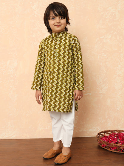 Boys Straight Style Cotton Fabric Green Color Printed Kurta With Pyjama