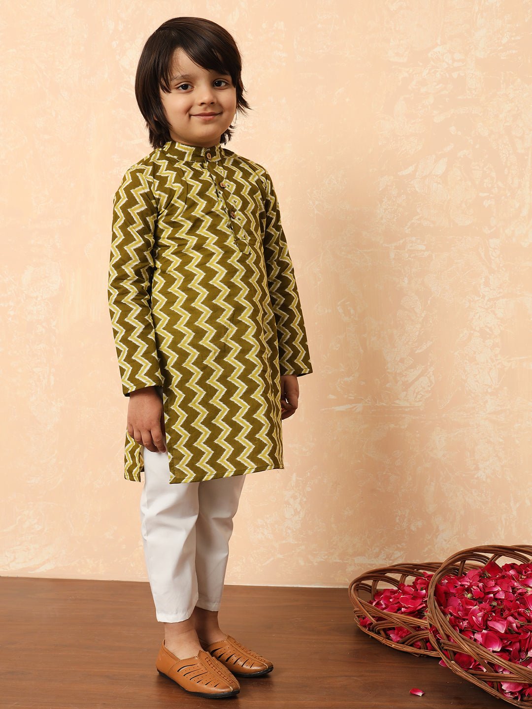 Boys Straight Style Cotton Fabric Green Color Printed Kurta With Pyjama