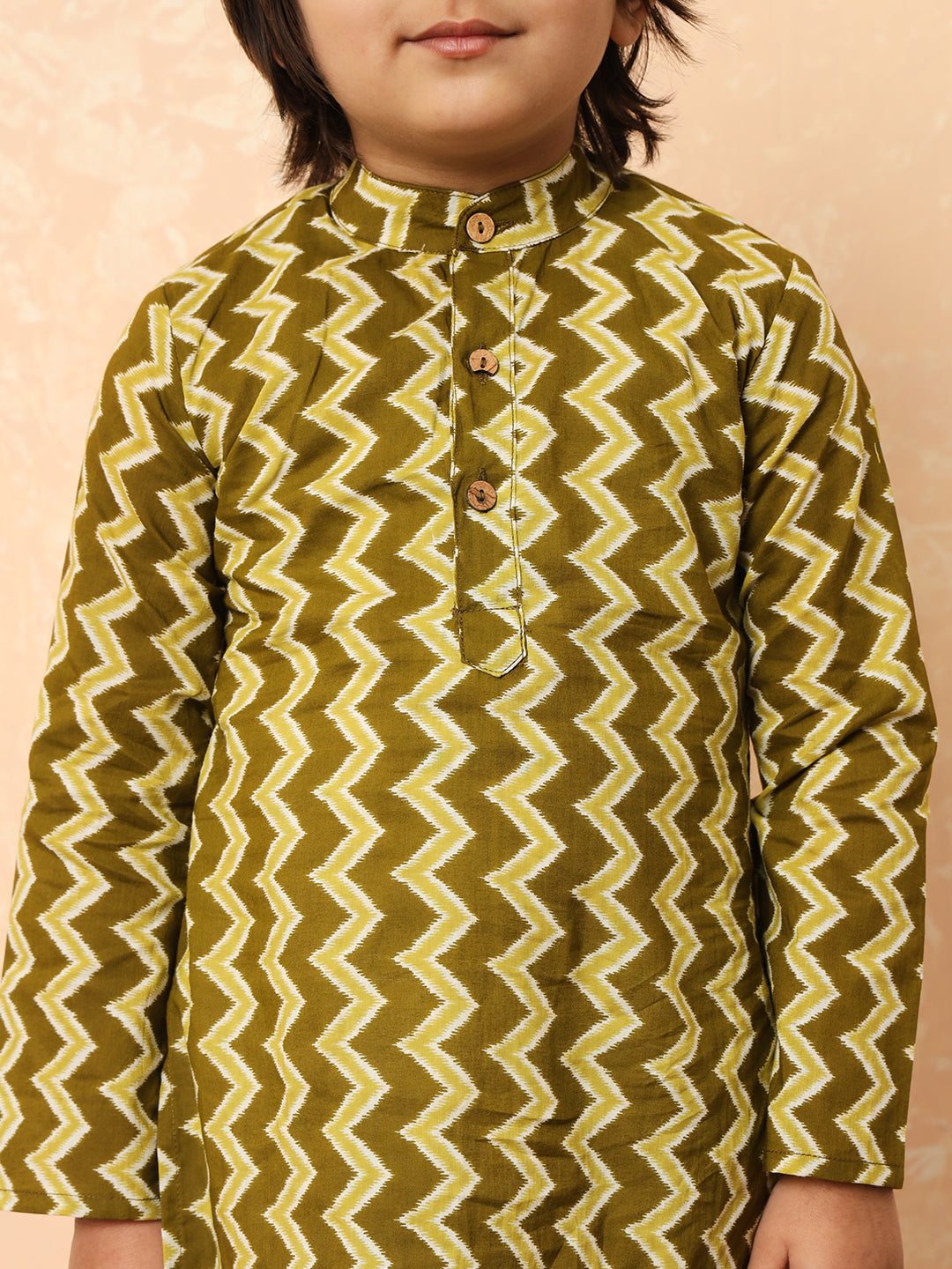 Boys Straight Style Cotton Fabric Green Color Printed Kurta With Pyjama