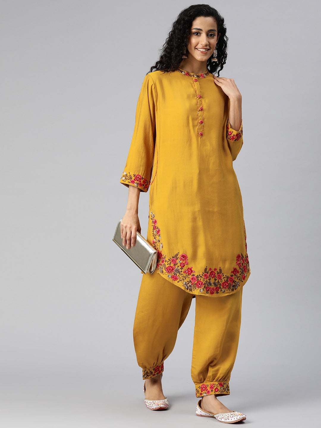 Straight Style Silk Fabric Mustard Color Kurta And Bottom