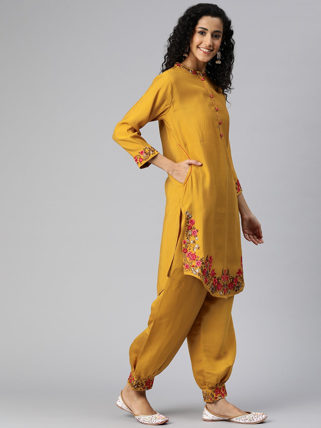 Straight Style Silk Fabric Mustard Color Kurta And Bottom