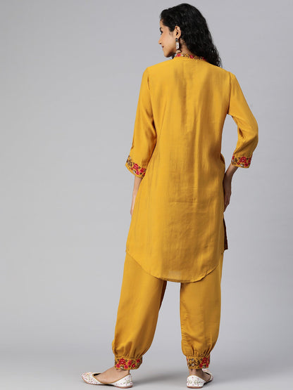 Straight Style Silk Fabric Mustard Color Kurta And Bottom