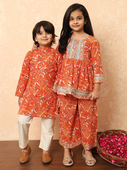 Boys Straight Style Cotton Fabric Orange Color Paisley Printed Kurta With Pyjama