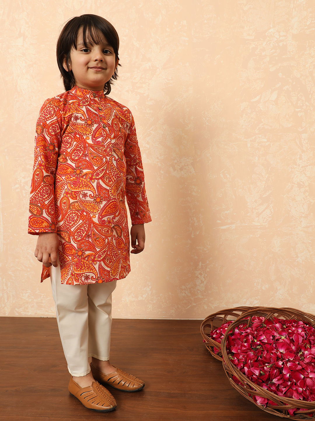 Boys Straight Style Cotton Fabric Orange Color Paisley Printed Kurta With Pyjama