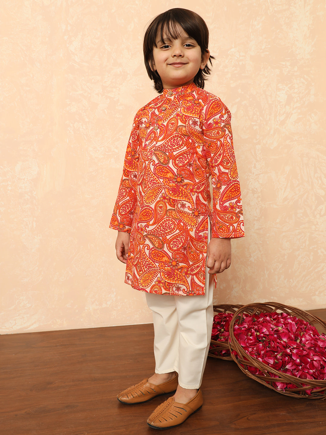 Boys Straight Style Cotton Fabric Orange Color Paisley Printed Kurta With Pyjama