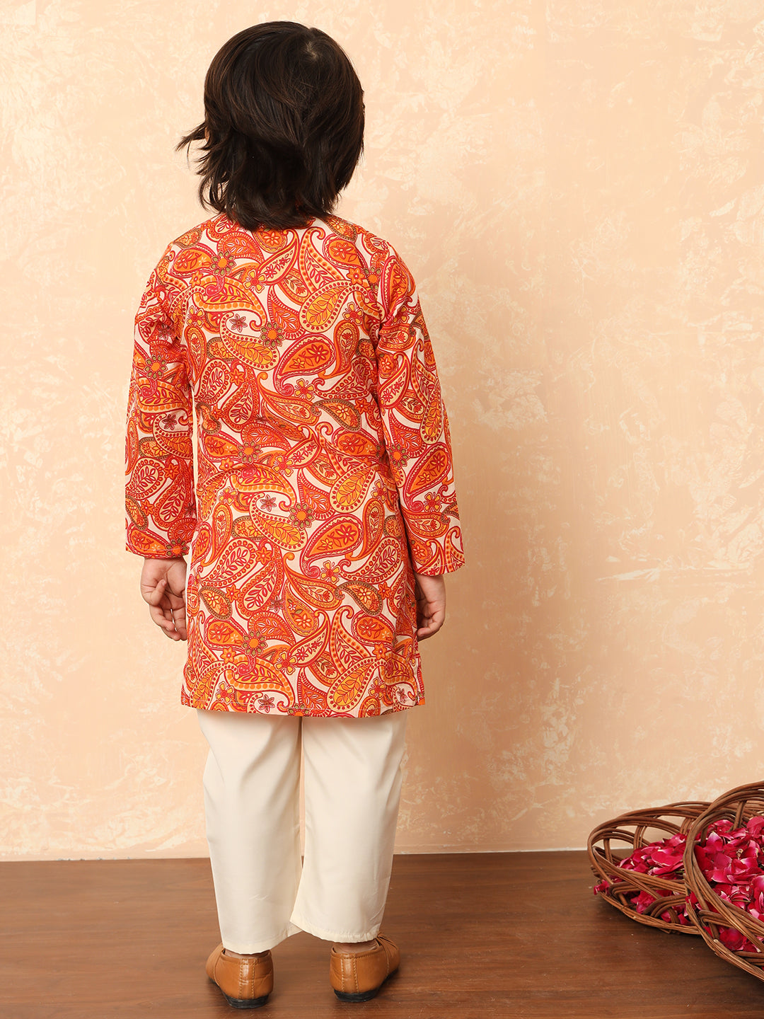 Boys Straight Style Cotton Fabric Orange Color Paisley Printed Kurta With Pyjama