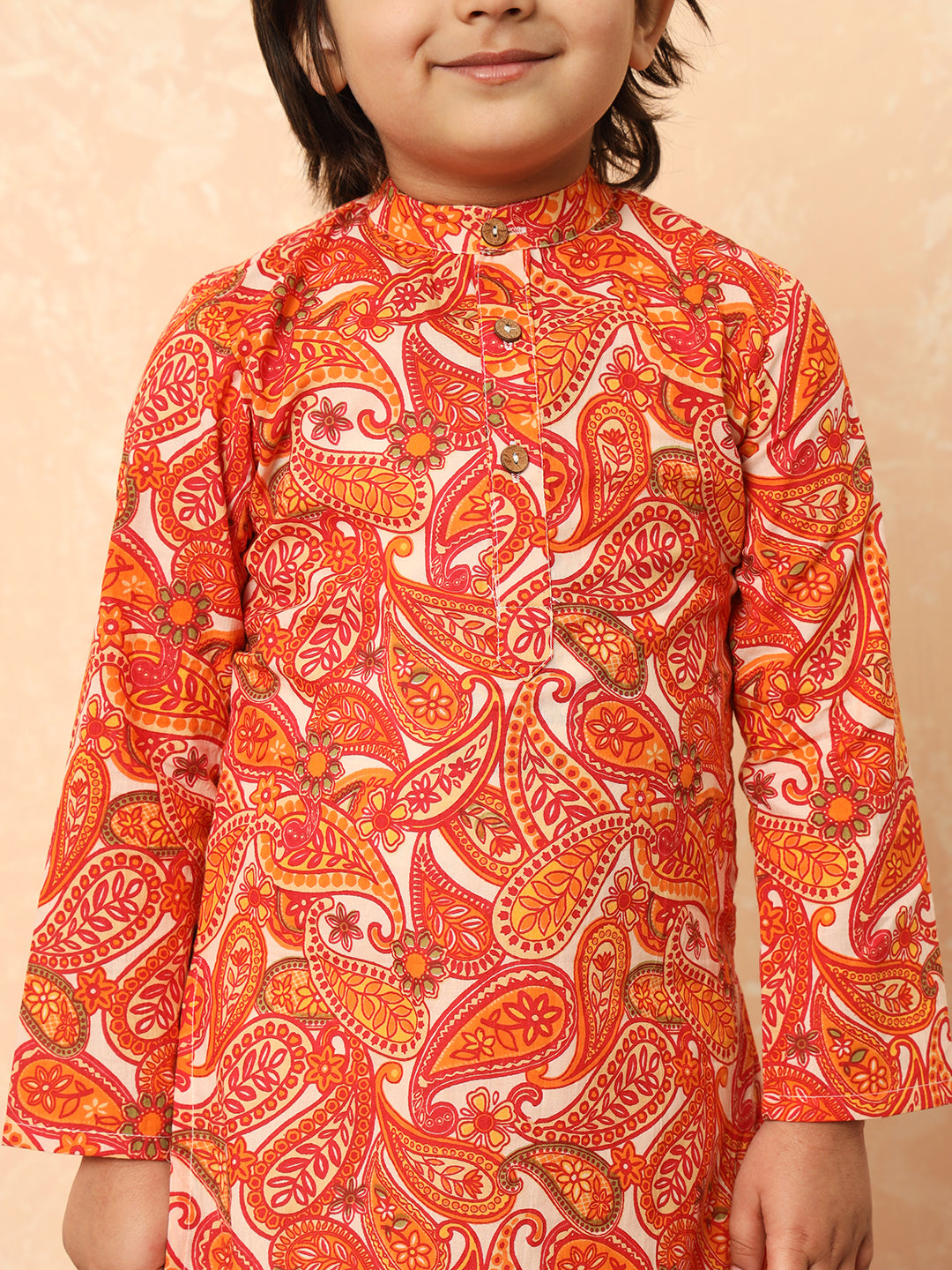 Boys Straight Style Cotton Fabric Orange Color Paisley Printed Kurta With Pyjama