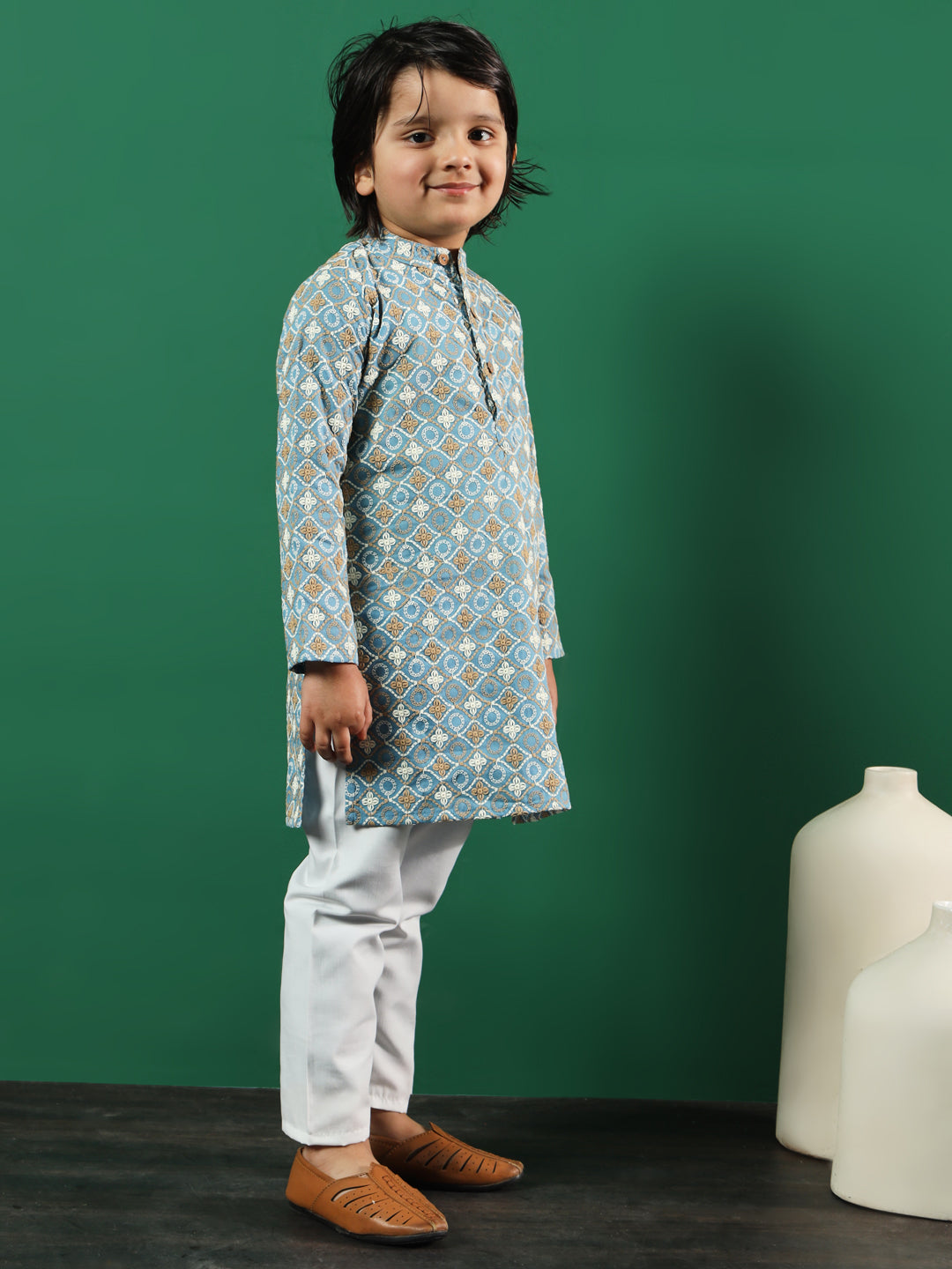 Boys Straight Style Cotton Fabric Blue Color Chikankari Kurta And Pyjama