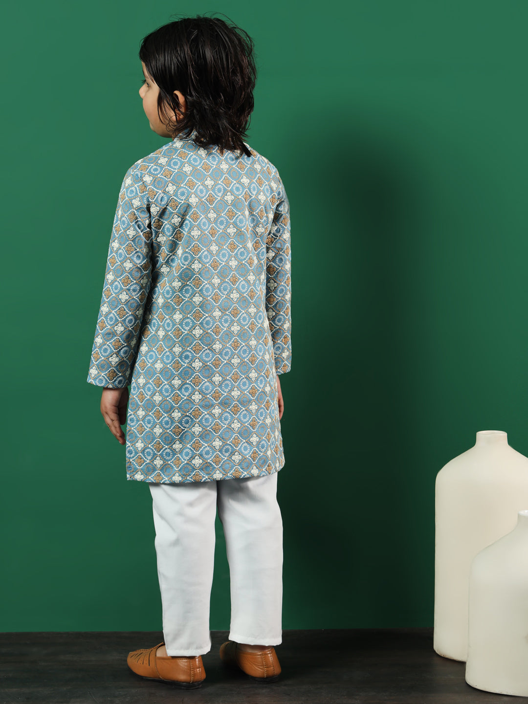 Boys Straight Style Cotton Fabric Blue Color Chikankari Kurta And Pyjama