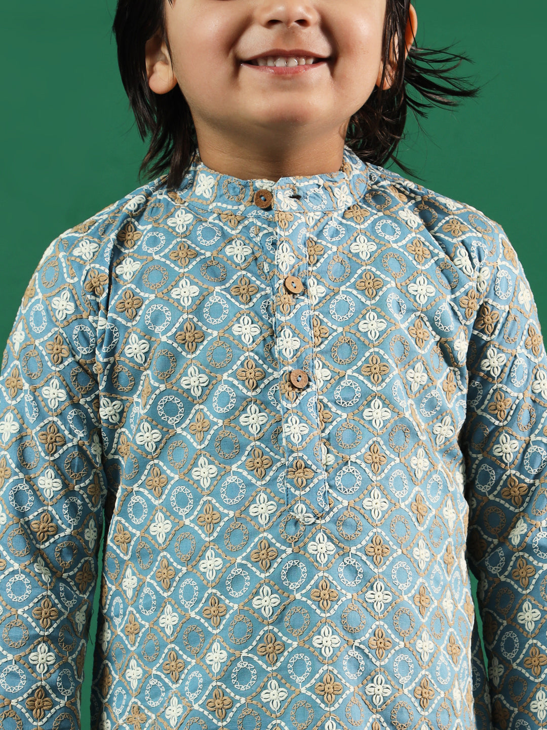 Boys Straight Style Cotton Fabric Blue Color Chikankari Kurta And Pyjama