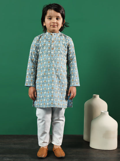 Boys Straight Style Cotton Fabric Blue Color Chikankari Kurta And Pyjama