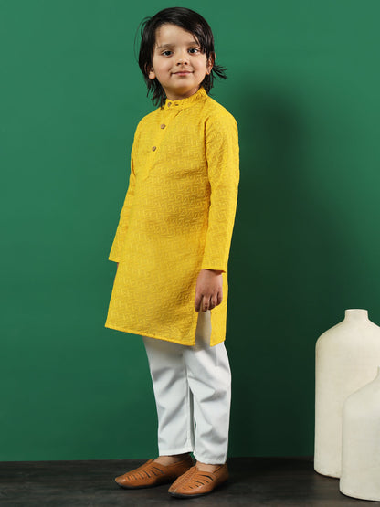 Boys Straight Style Cotton Fabric Yellow Color Chikankari Kurta And Pyjama