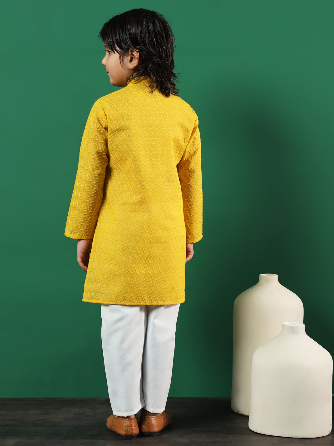 Boys Straight Style Cotton Fabric Yellow Color Chikankari Kurta And Pyjama