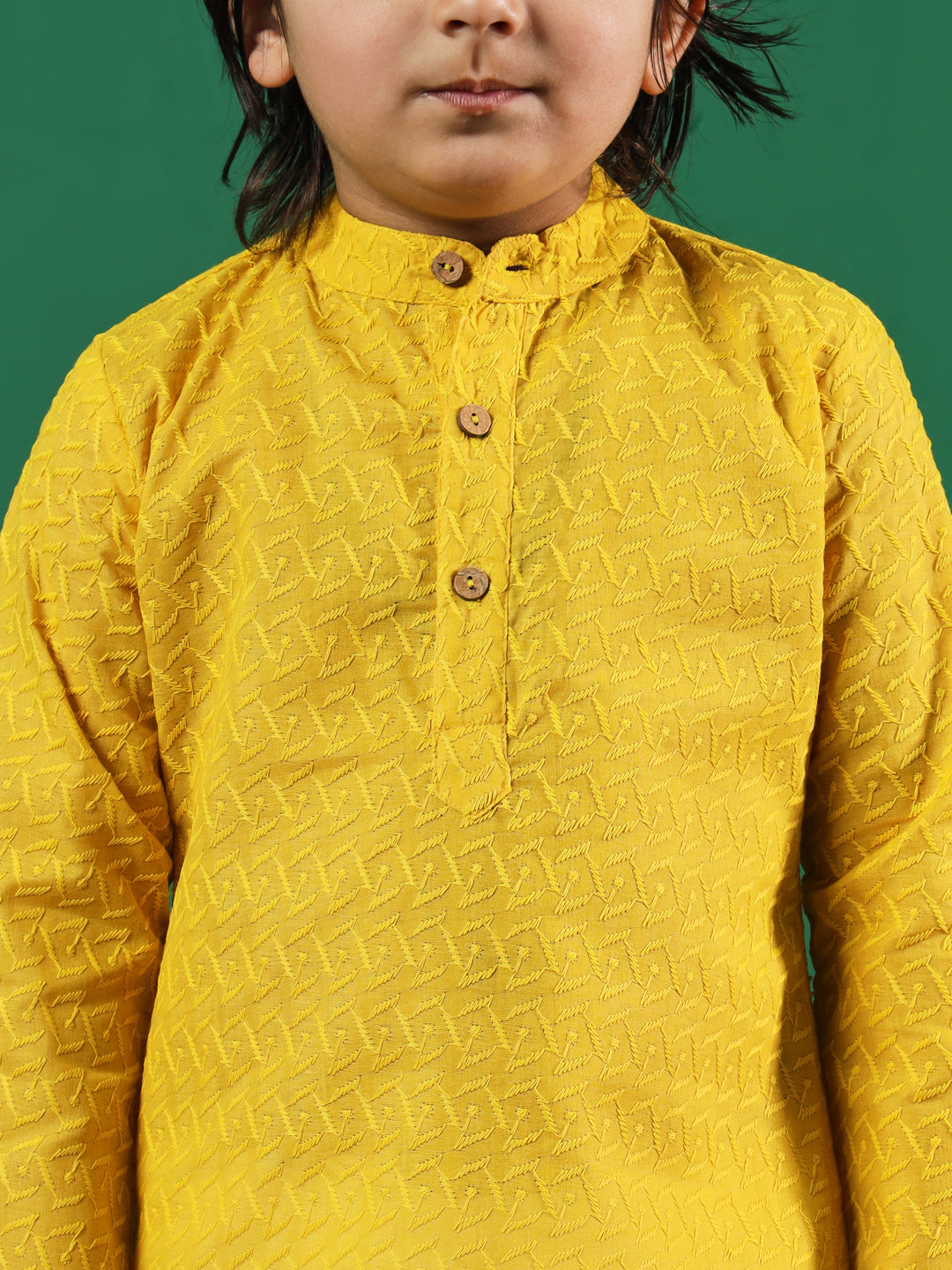 Boys Straight Style Cotton Fabric Yellow Color Chikankari Kurta And Pyjama