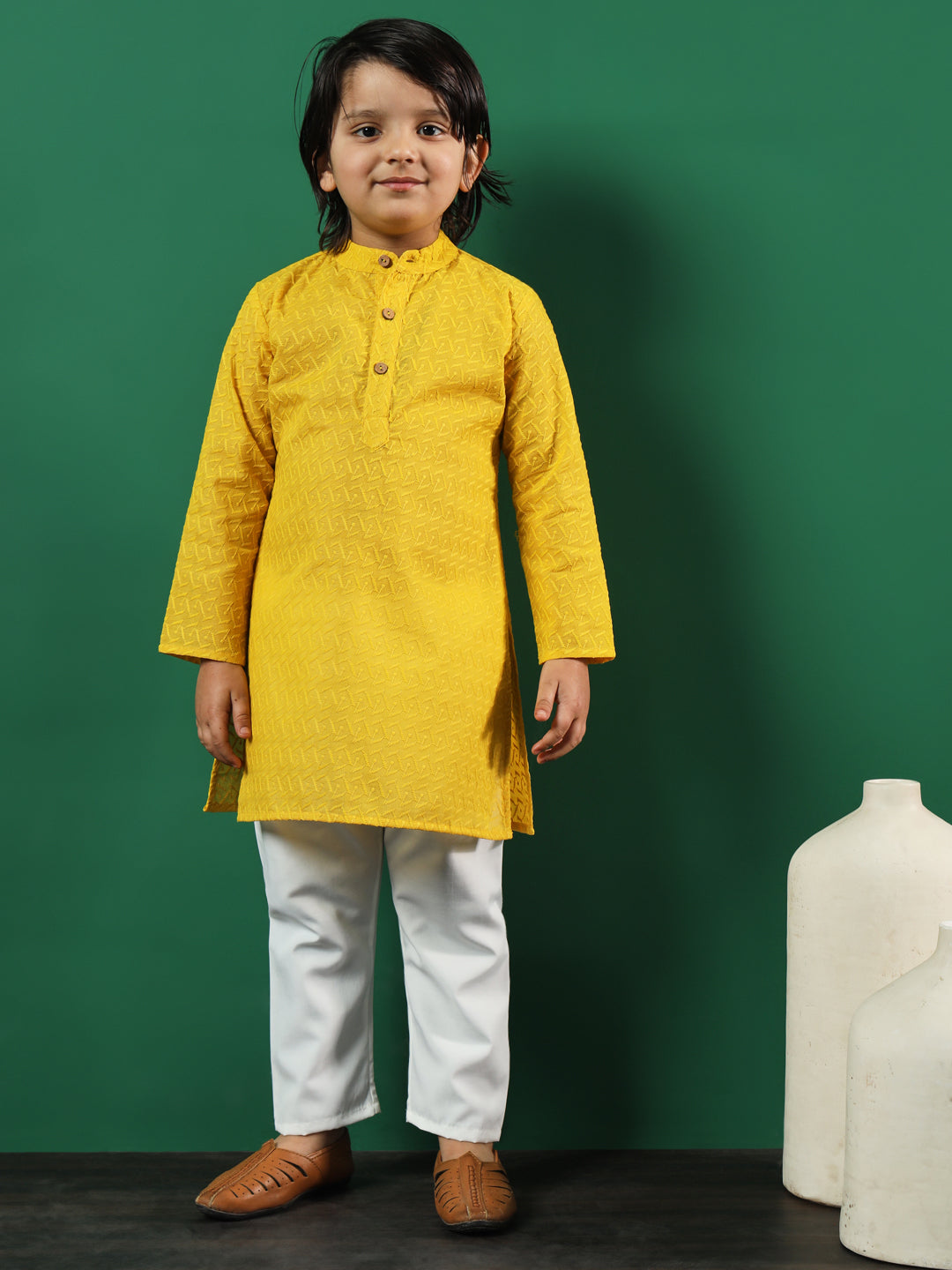 Boys Straight Style Cotton Fabric Yellow Color Chikankari Kurta And Pyjama