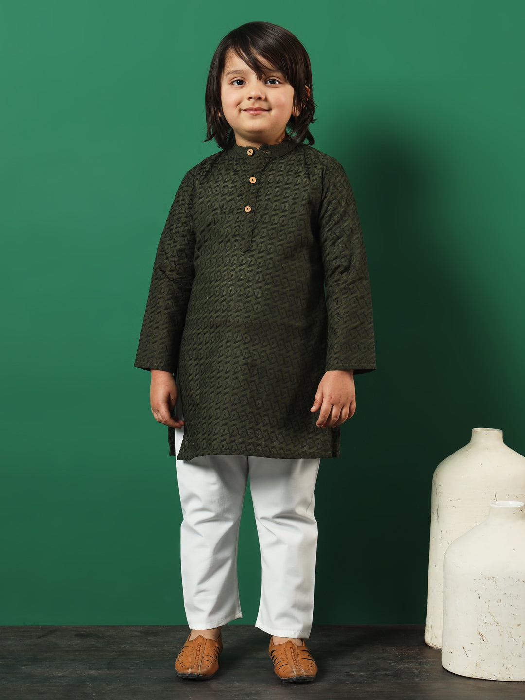 Boys Straight Style Cotton Fabric Green Color Chikankari Kurta And Pyjama