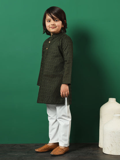 Boys Straight Style Cotton Fabric Green Color Chikankari Kurta And Pyjama