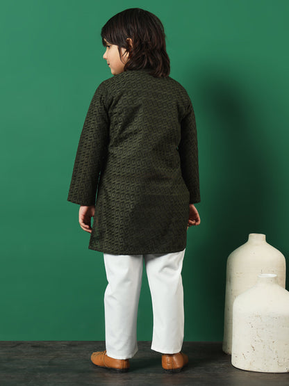 Boys Straight Style Cotton Fabric Green Color Chikankari Kurta And Pyjama