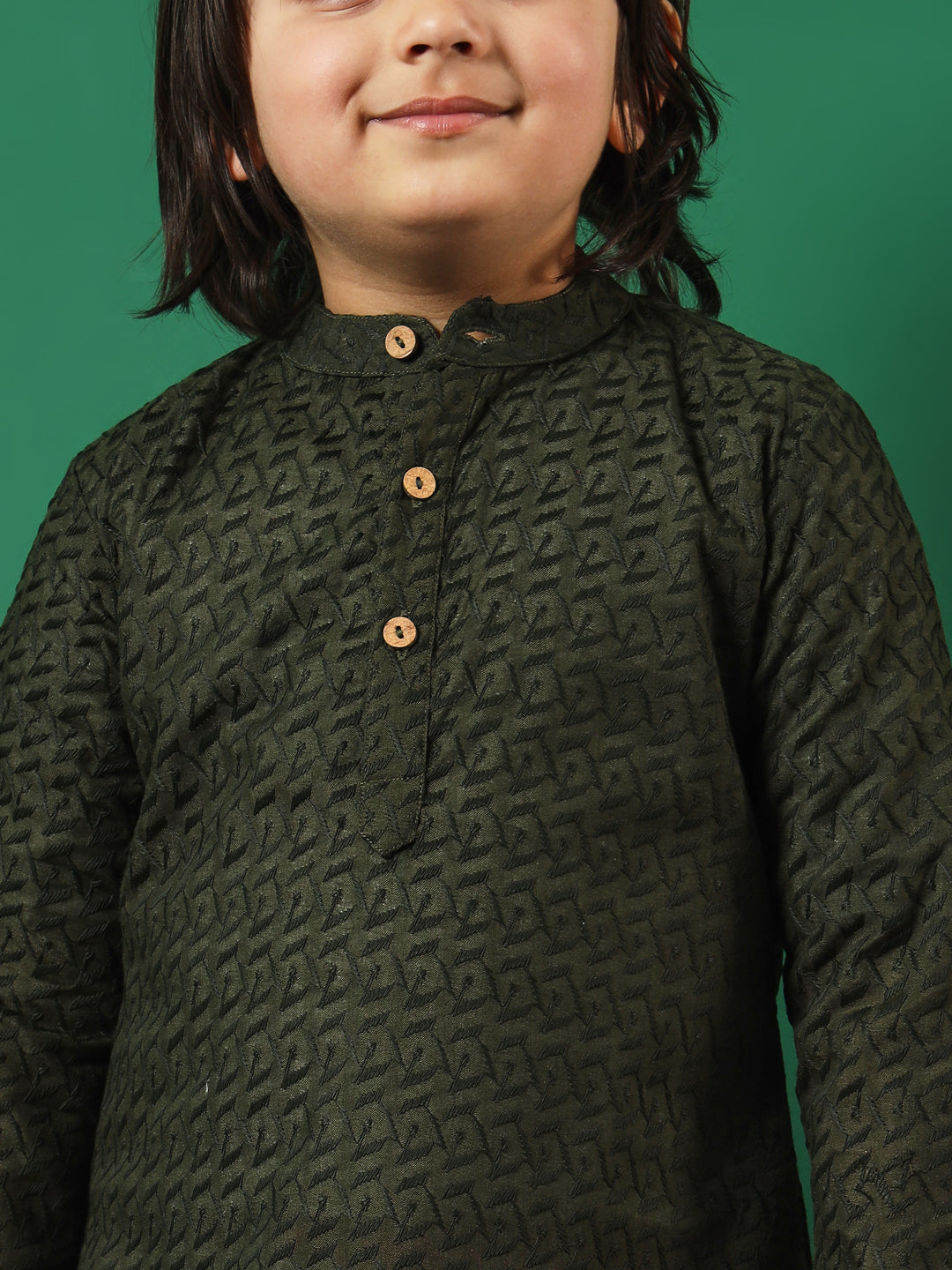 Boys Straight Style Cotton Fabric Green Color Chikankari Kurta And Pyjama