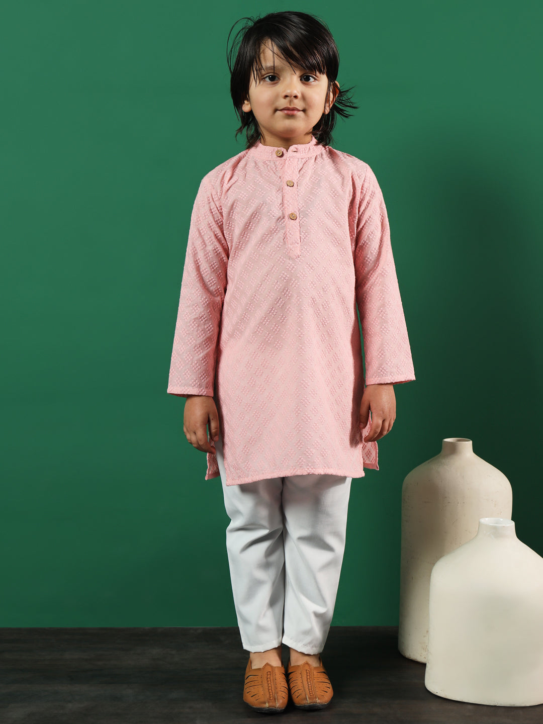 Boys Straight Style Cotton Fabric Mauve Color Chikankari Kurta And Pyjama