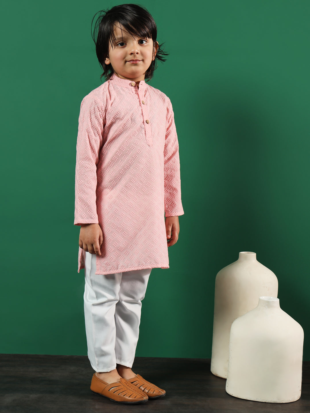 Boys Straight Style Cotton Fabric Mauve Color Chikankari Kurta And Pyjama