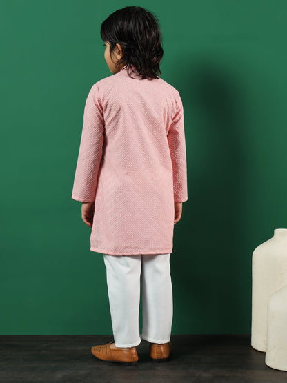 Boys Straight Style Cotton Fabric Mauve Color Chikankari Kurta And Pyjama