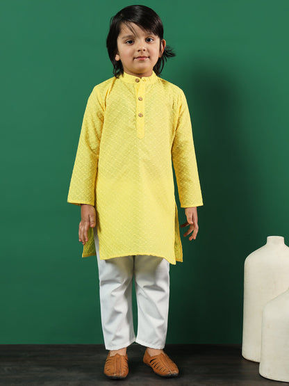 Boys Straight Style Cotton Fabric Yellow Color Chikankari Kurta And Pyjama