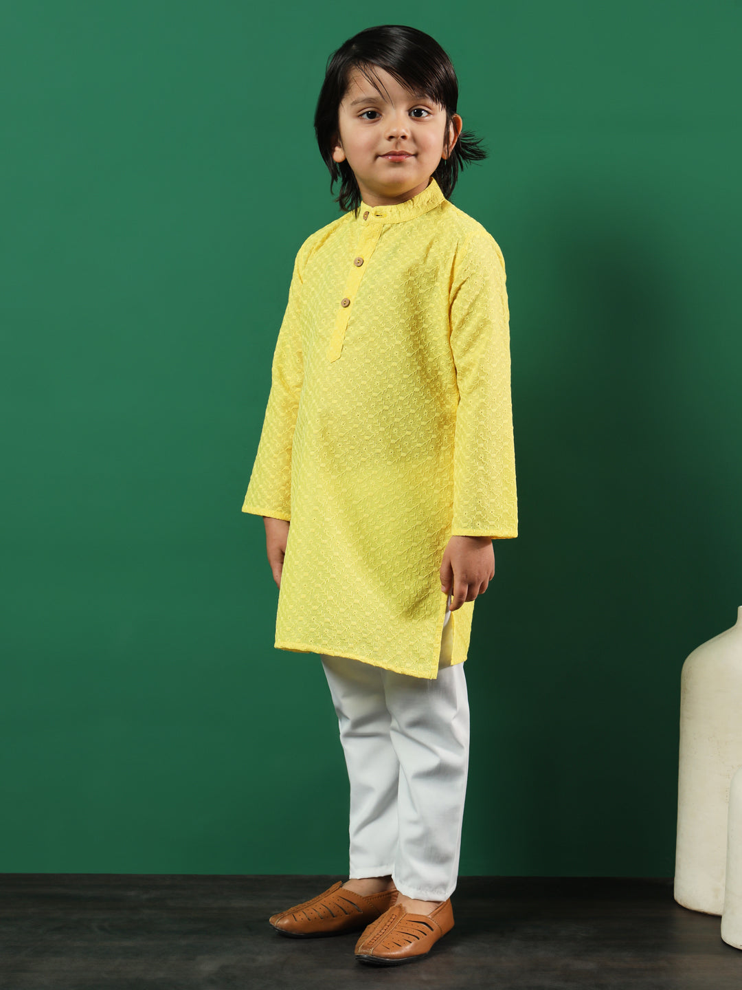 Boys Straight Style Cotton Fabric Yellow Color Chikankari Kurta And Pyjama