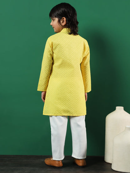 Boys Straight Style Cotton Fabric Yellow Color Chikankari Kurta And Pyjama