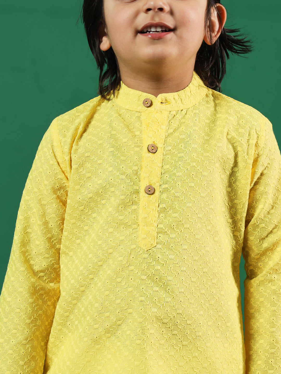 Boys Straight Style Cotton Fabric Yellow Color Chikankari Kurta And Pyjama