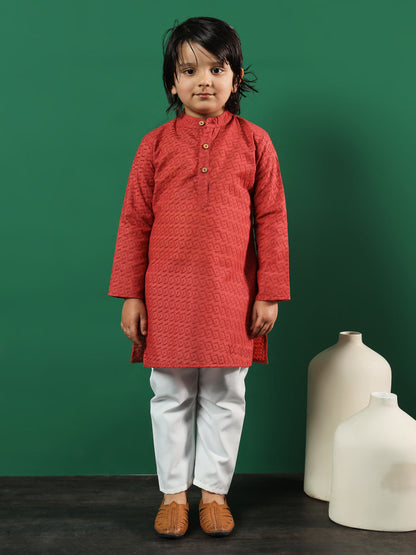 Boys Straight Style Cotton Fabric Rust Color Chikankari Kurta And Pyjama