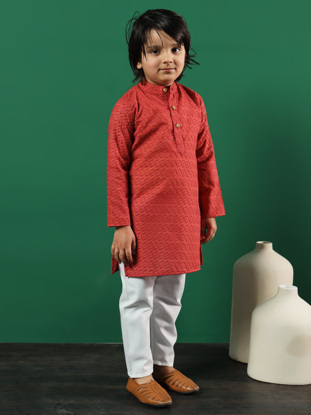 Boys Straight Style Cotton Fabric Rust Color Chikankari Kurta And Pyjama