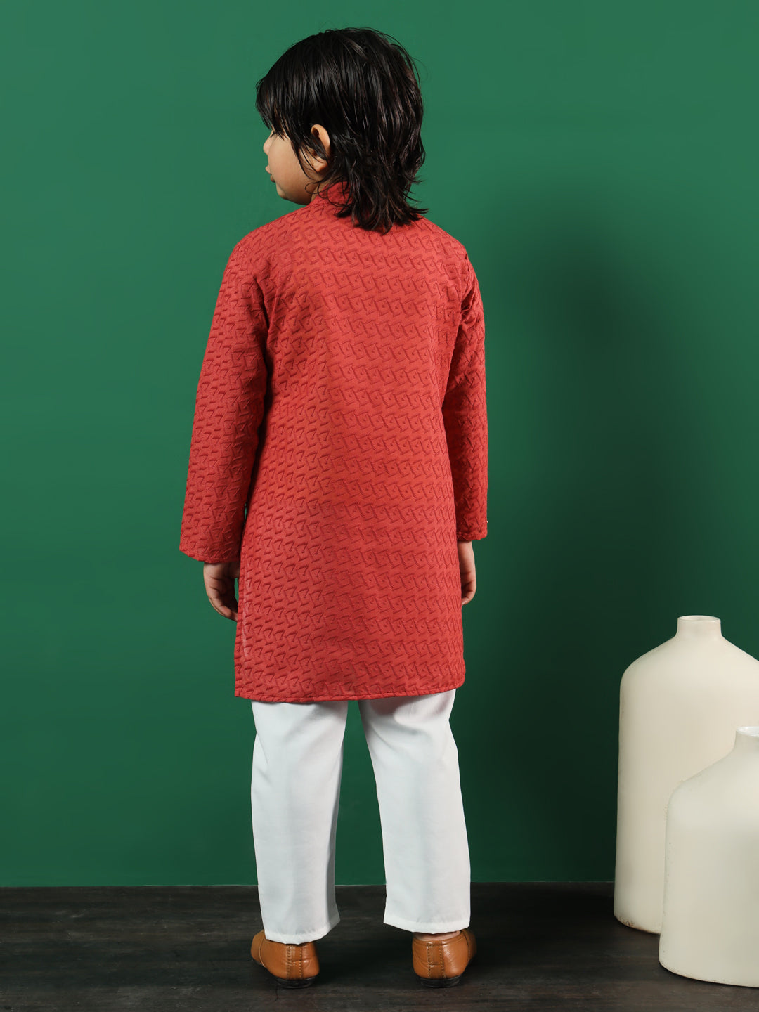 Boys Straight Style Cotton Fabric Rust Color Chikankari Kurta And Pyjama