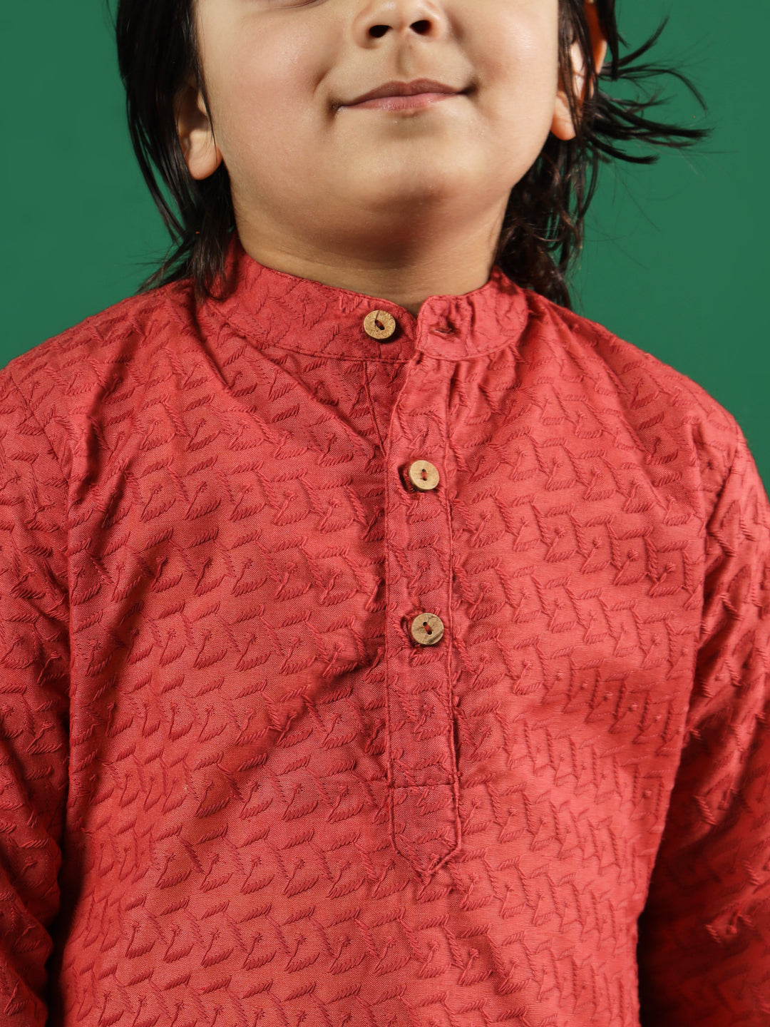 Boys Straight Style Cotton Fabric Rust Color Chikankari Kurta And Pyjama