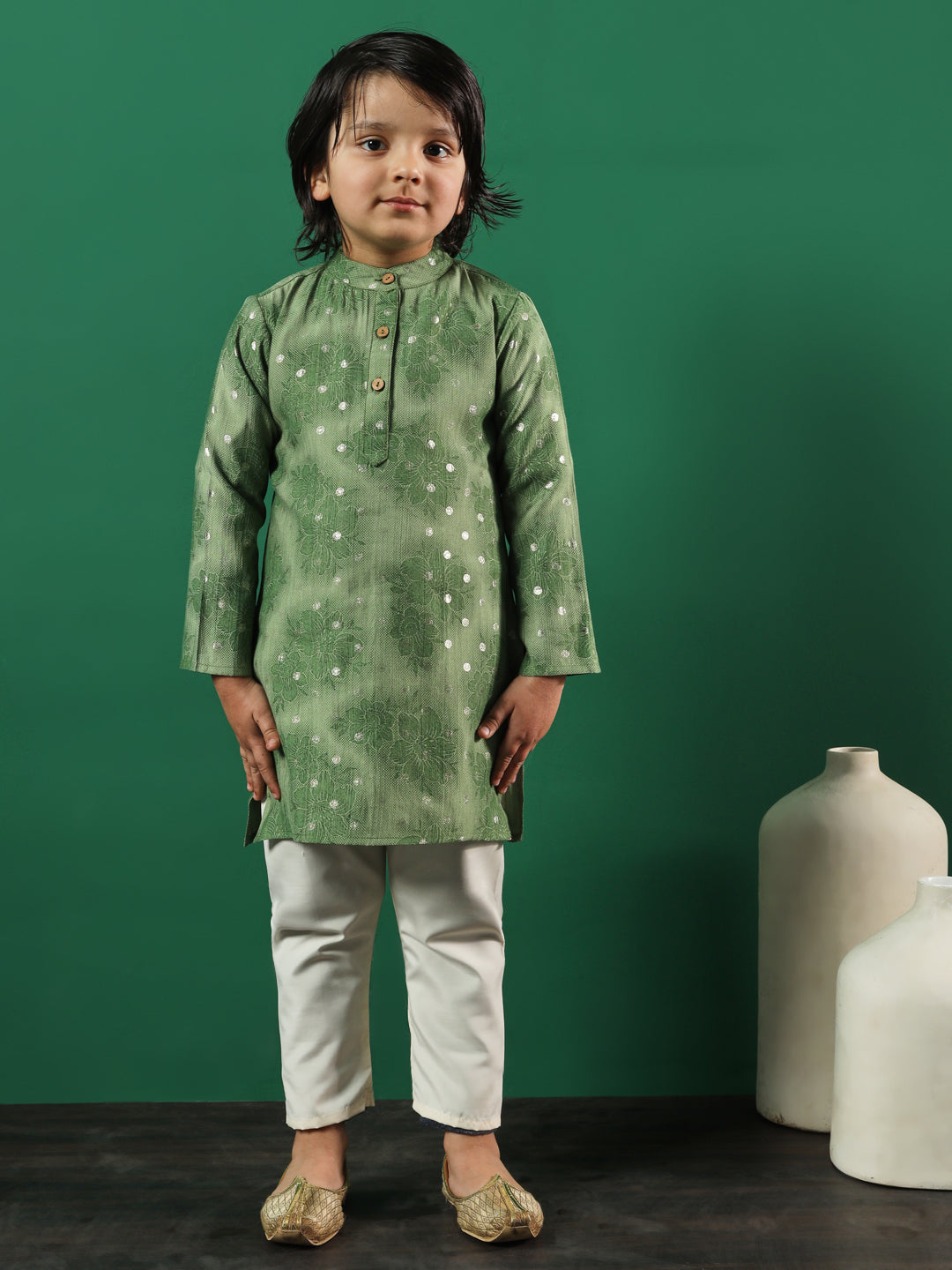 Boys Straight Style Silk Fabric Green Color Floral Printed Kurta And Pyjama