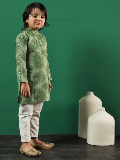 Boys Straight Style Silk Fabric Green Color Floral Printed Kurta And Pyjama