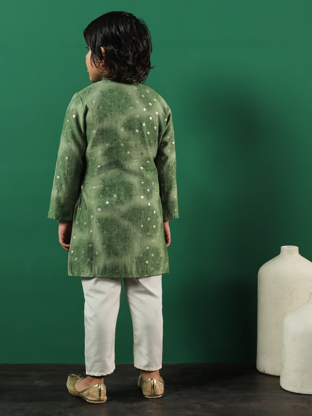 Boys Straight Style Silk Fabric Green Color Floral Printed Kurta And Pyjama