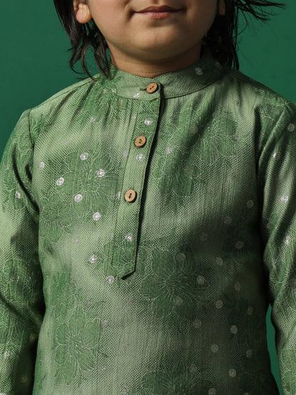 Boys Straight Style Silk Fabric Green Color Floral Printed Kurta And Pyjama