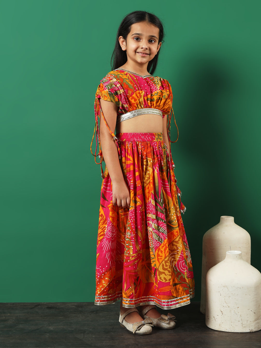 Straight Style Cotton Fabric Pink Color Printed Lehenga & Choli With Gotta Lace Work