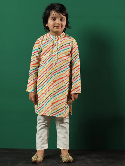 Boys Straight Style Silk Fabric Multi Color Printed Kurta And Pyjama