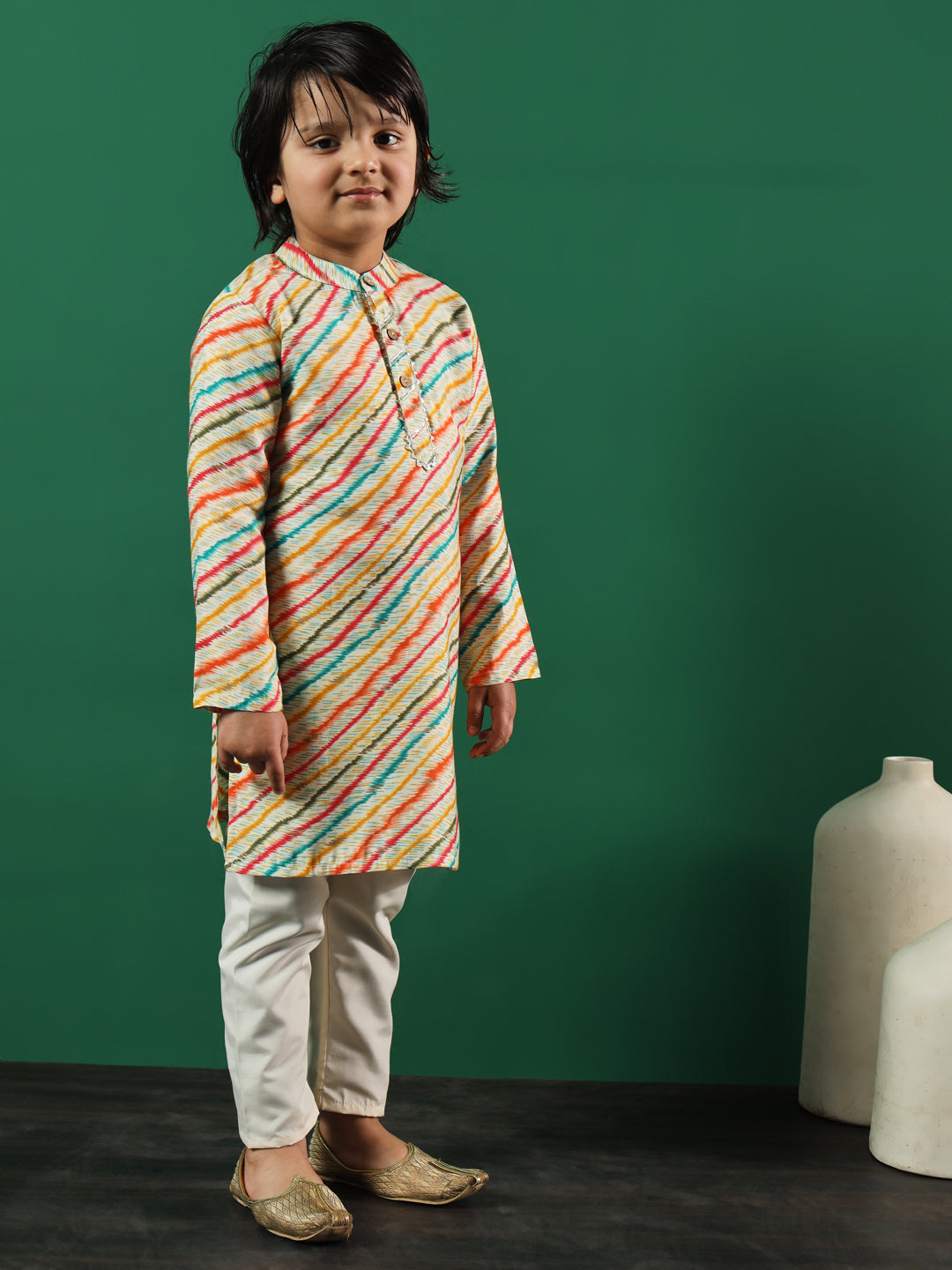 Boys Straight Style Silk Fabric Multi Color Printed Kurta And Pyjama