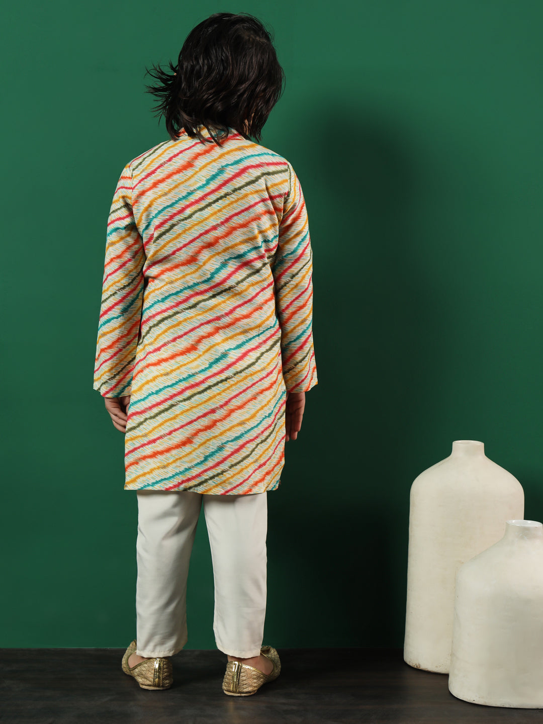 Boys Straight Style Silk Fabric Multi Color Printed Kurta And Pyjama