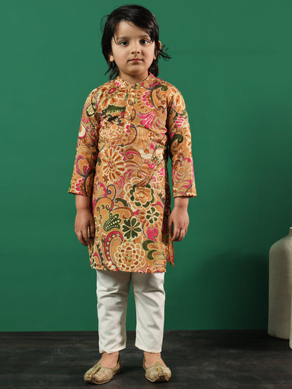 Boys Straight Style Cotton Fabric Brown Color Printed Kurta And Pyjama