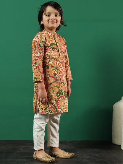 Boys Straight Style Cotton Fabric Brown Color Printed Kurta And Pyjama