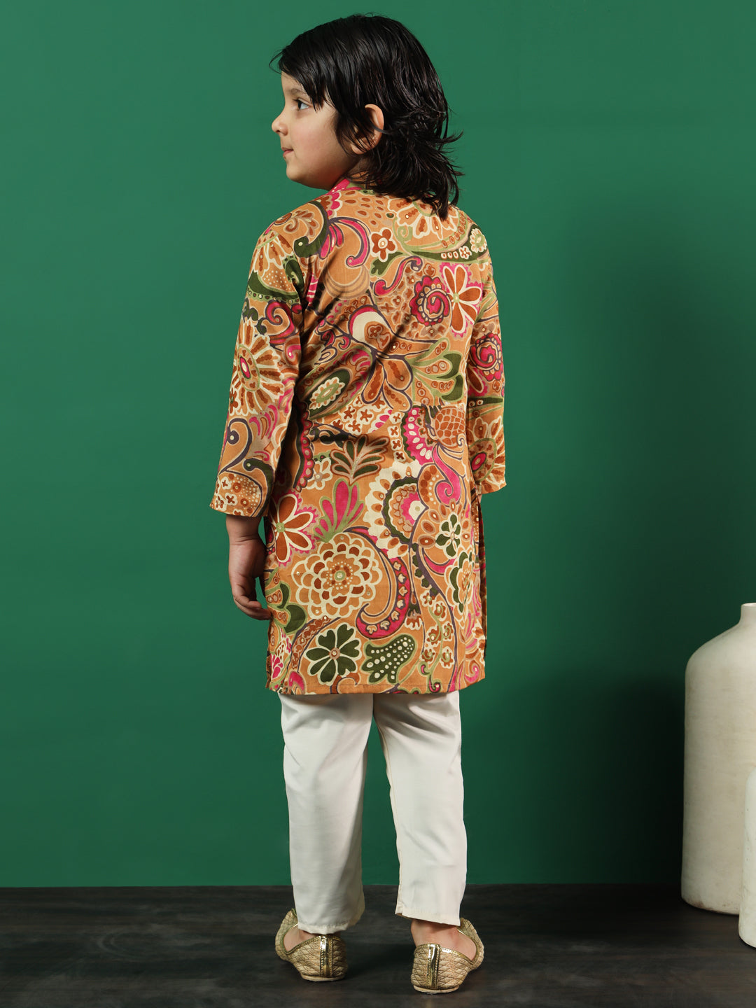 Boys Straight Style Cotton Fabric Brown Color Printed Kurta And Pyjama