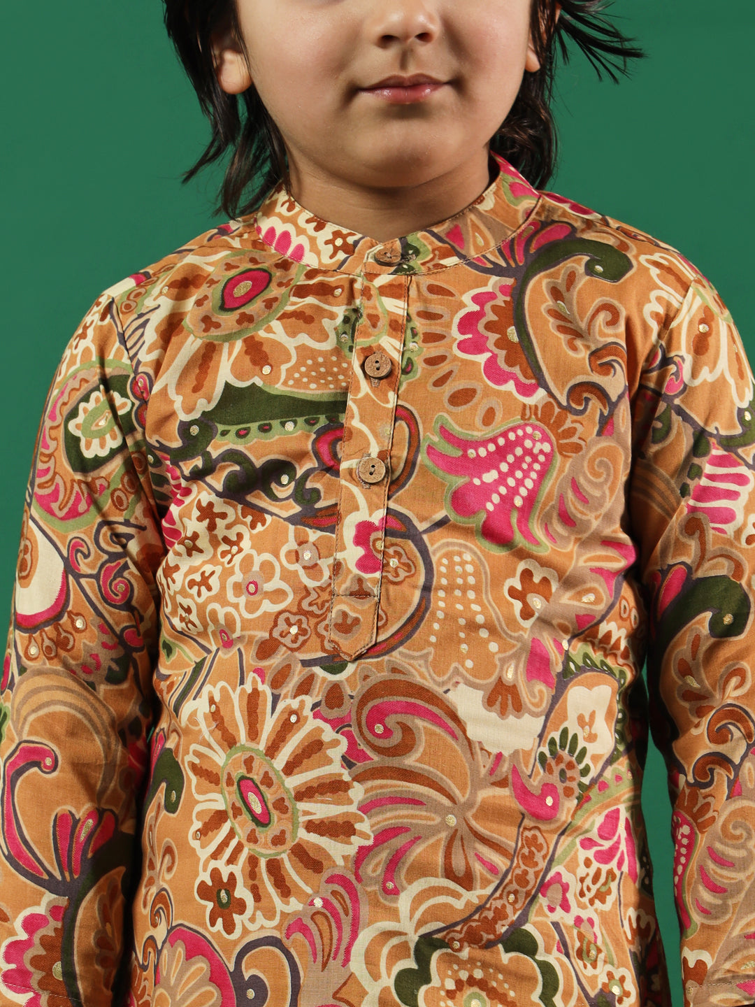 Boys Straight Style Cotton Fabric Brown Color Printed Kurta And Pyjama