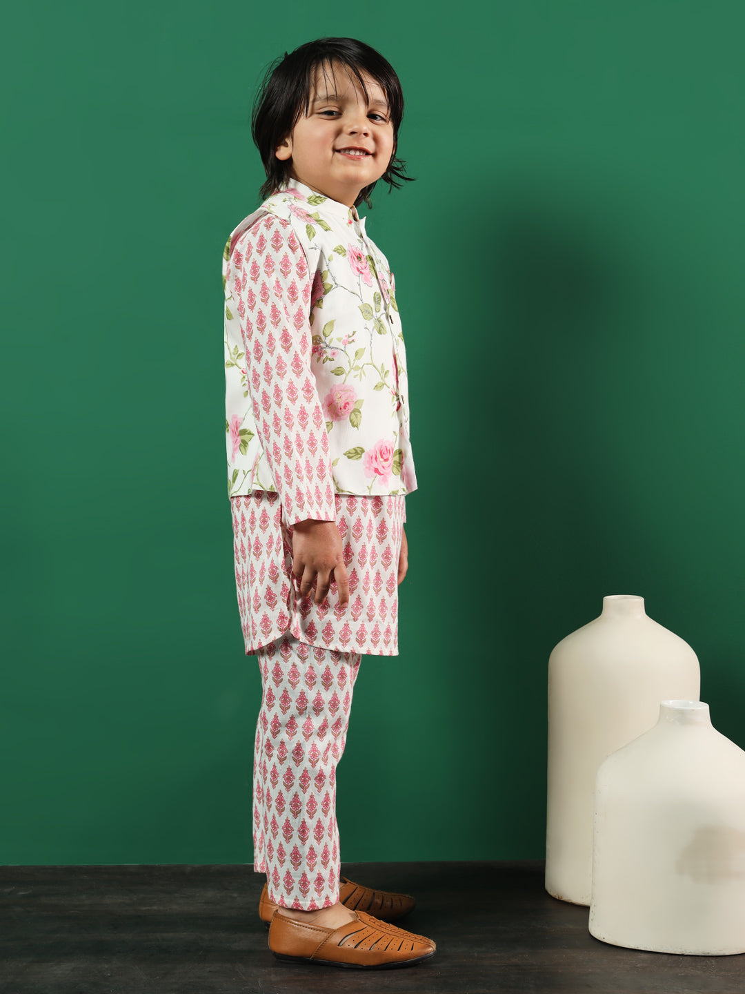 Boys Straight Style Cotton Fabric Pink Color Floral Printed Kurta And Pyjama With Jacket