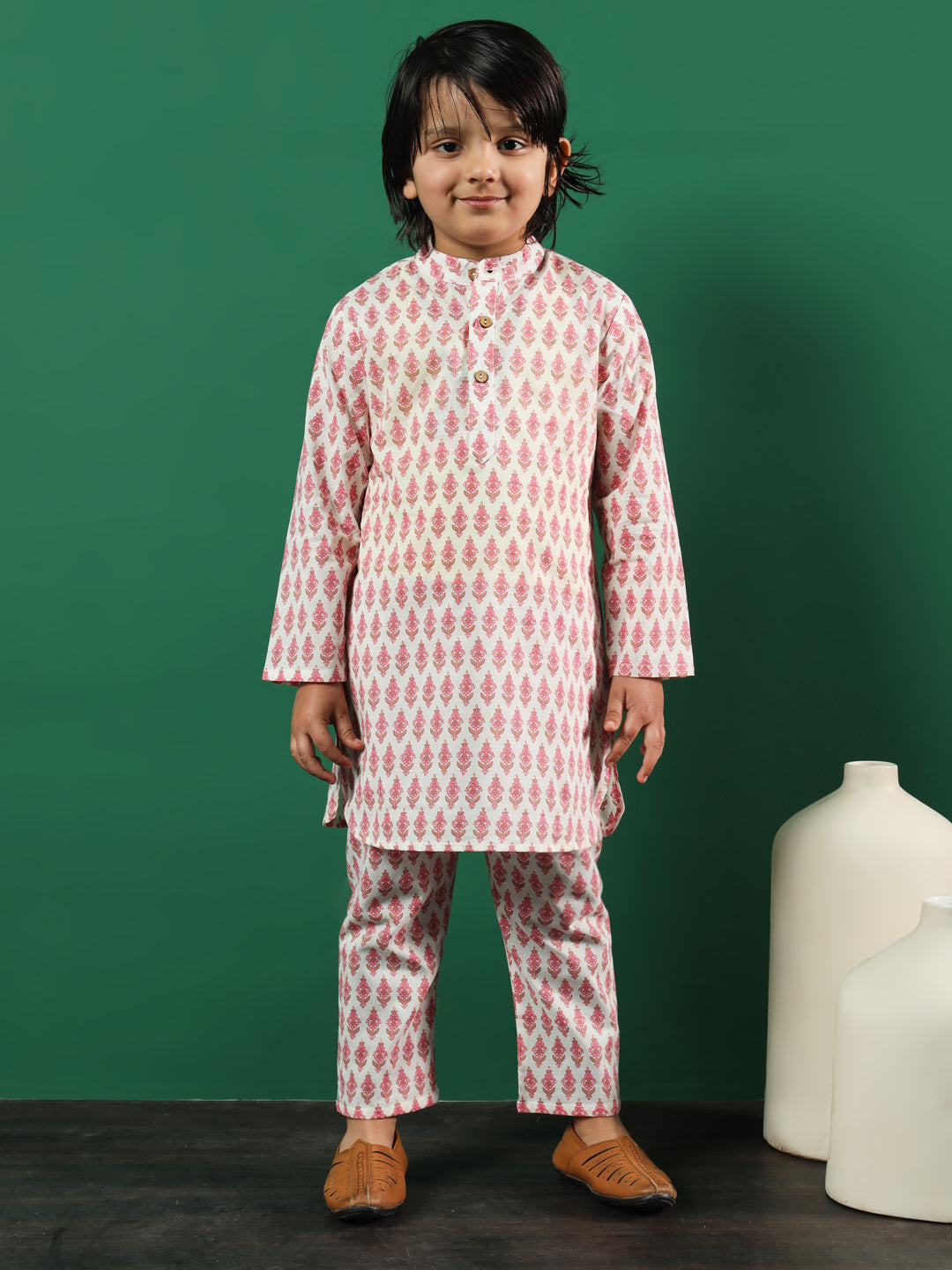 Boys Straight Style Cotton Fabric Pink Color Floral Printed Kurta And Pyjama With Jacket