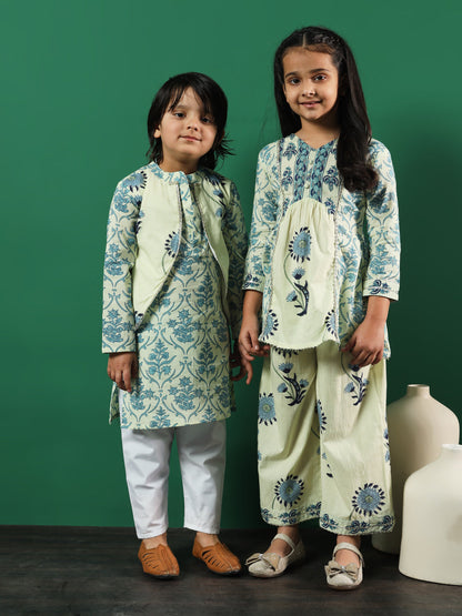 Boys Straight Style Cotton Fabric Cream Color Floral Printed Kurta And Pyjama With Jacket