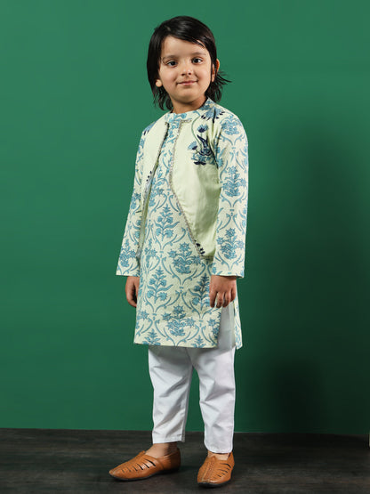 Boys Straight Style Cotton Fabric Cream Color Floral Printed Kurta And Pyjama With Jacket